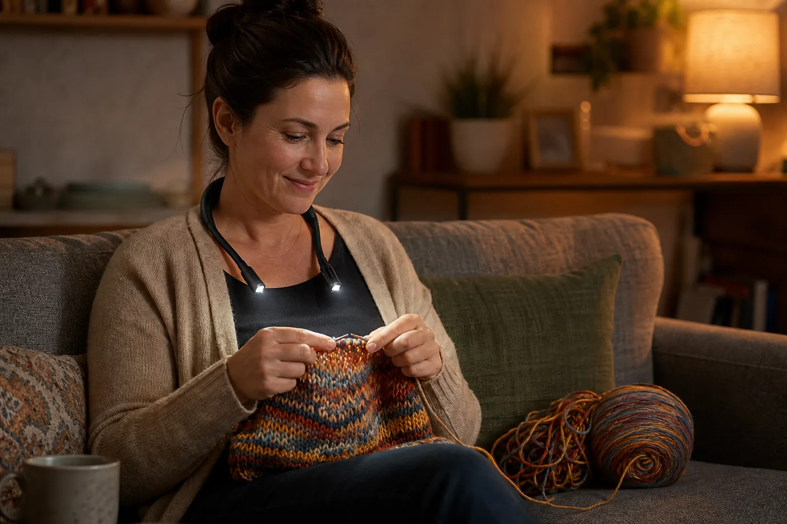 Crafter wearing a neck light while knitting on a couch