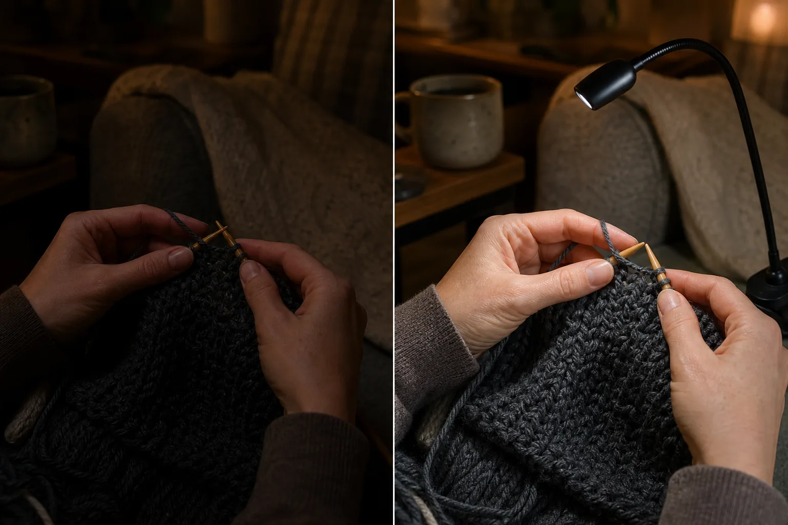 Dark yarn before and after targeted lighting
