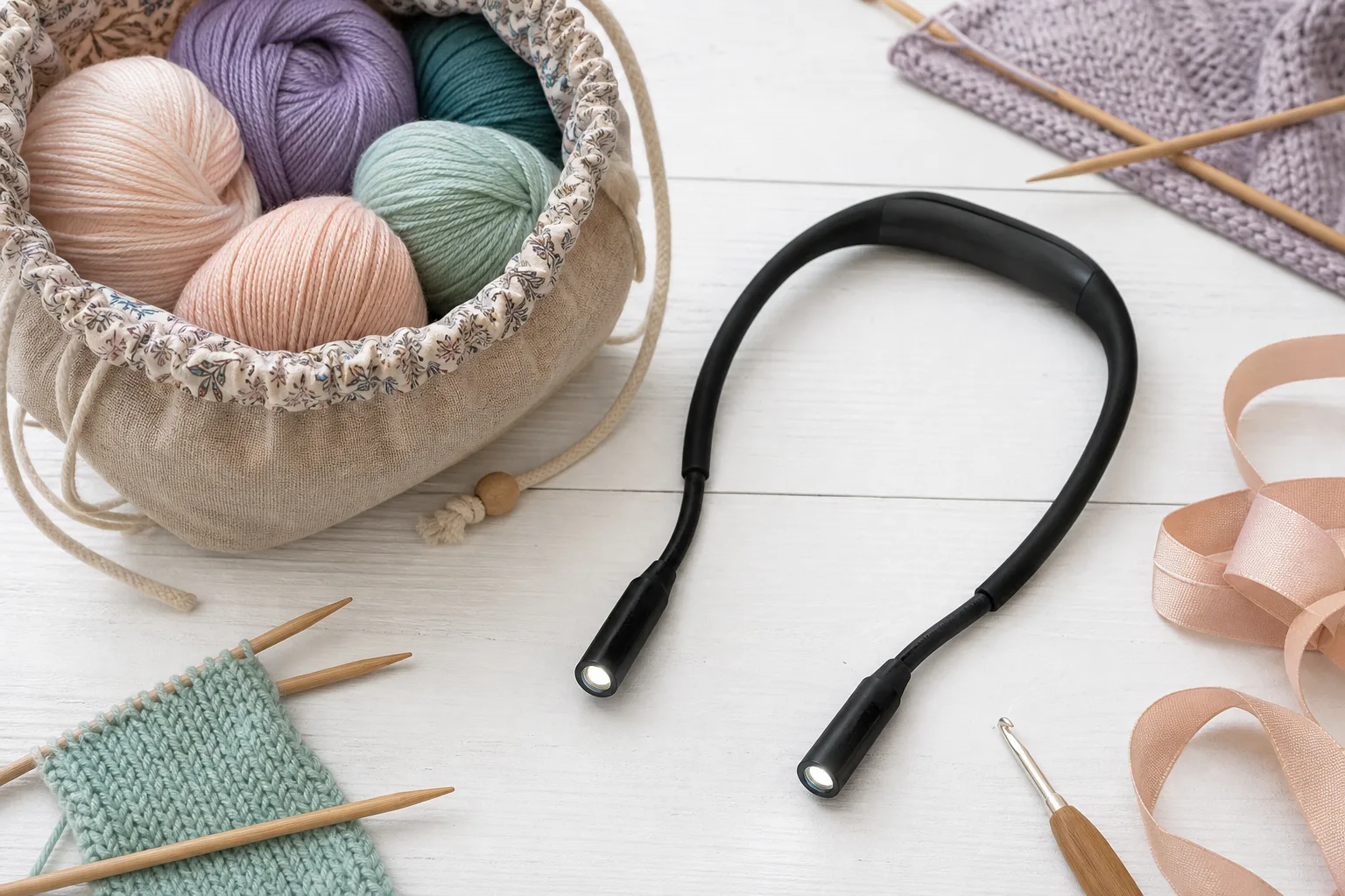 Neck light packed with yarn and knitting tools