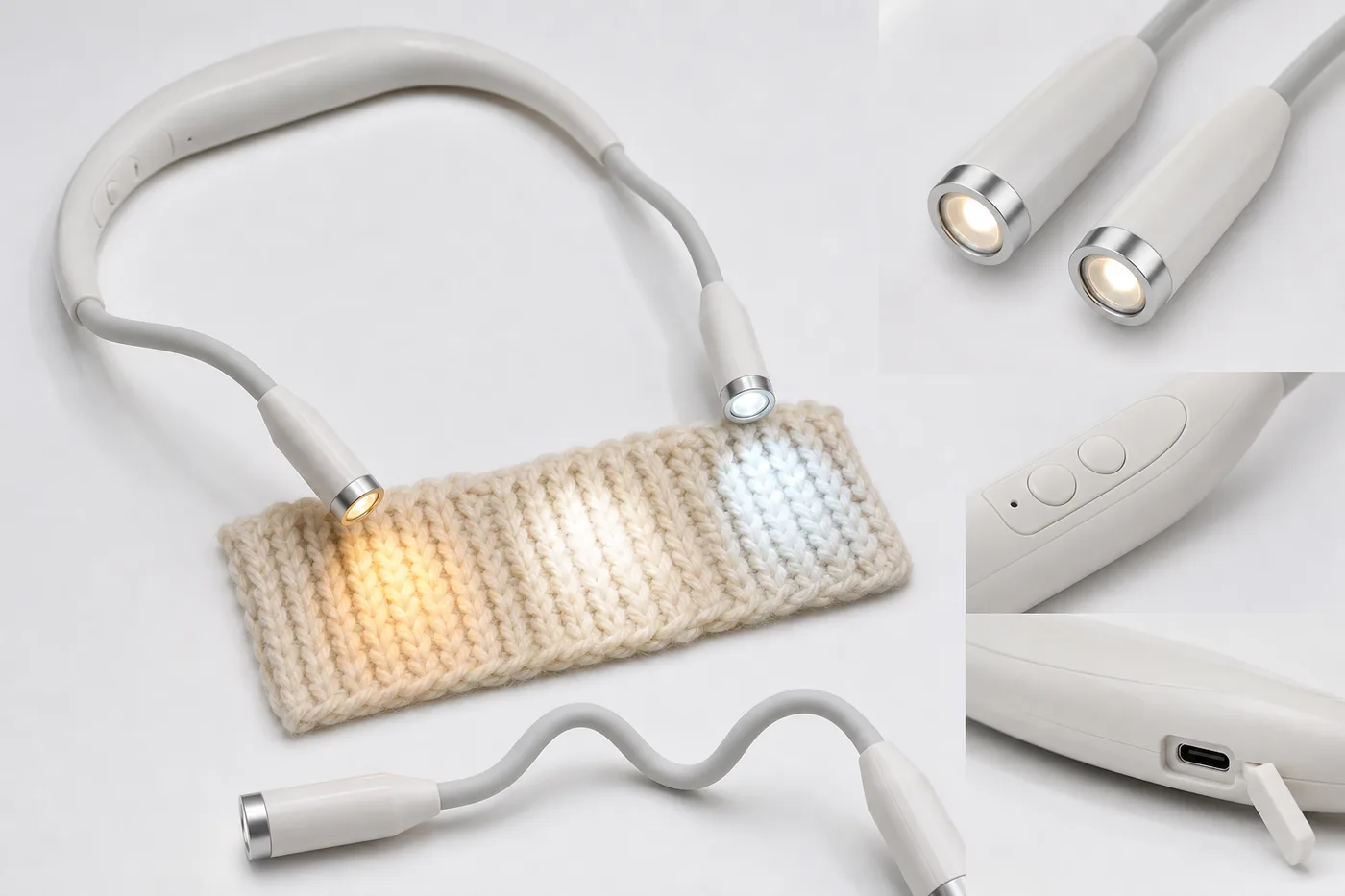 Close view of light heads, controls, charging port, and color temperature on yarn