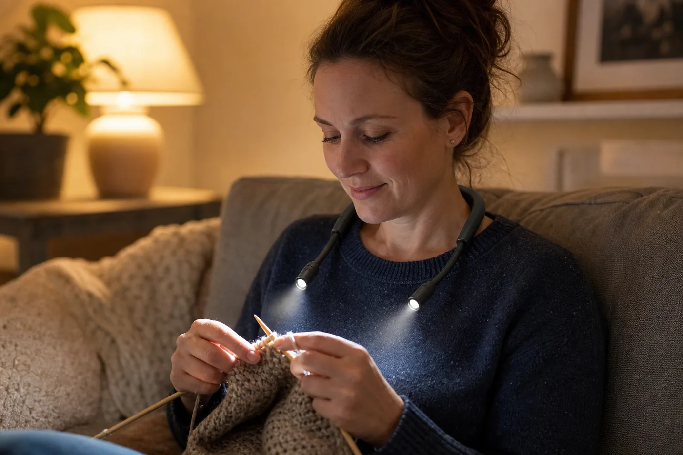 Crafter wearing a neck light while knitting on a couch