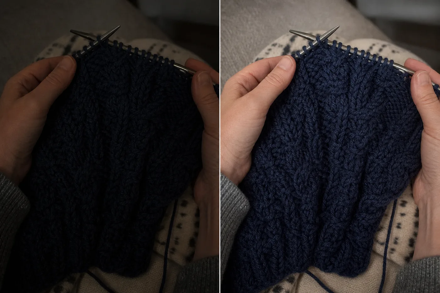Dark yarn shown in dim light and under brighter focused light