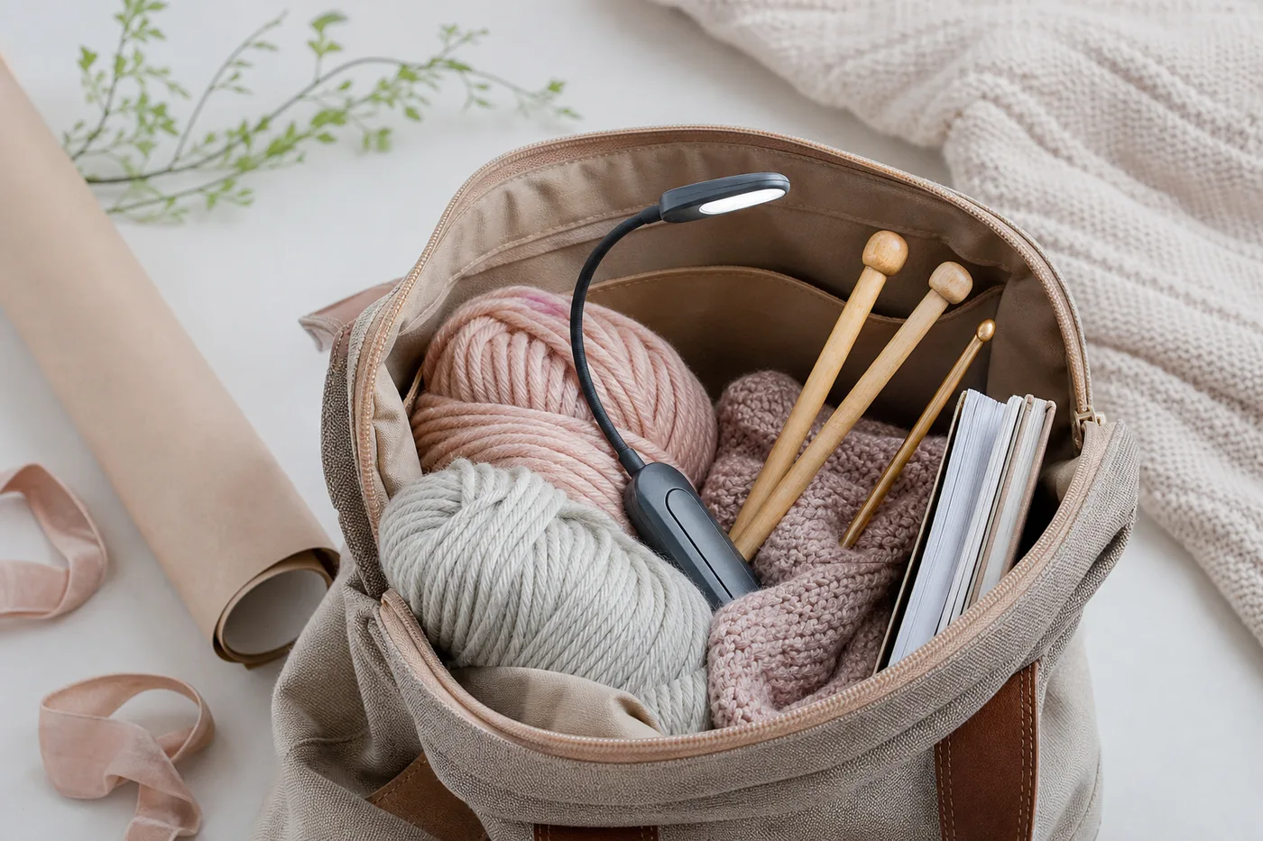 Neck light packed in a project bag with yarn and needles